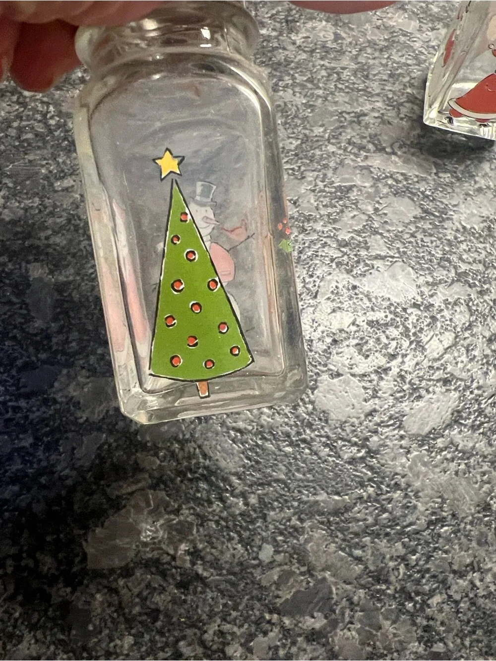 Vintage Holiday Snowman & Santa Glass Salt and Pepper Shakers - Red Accents